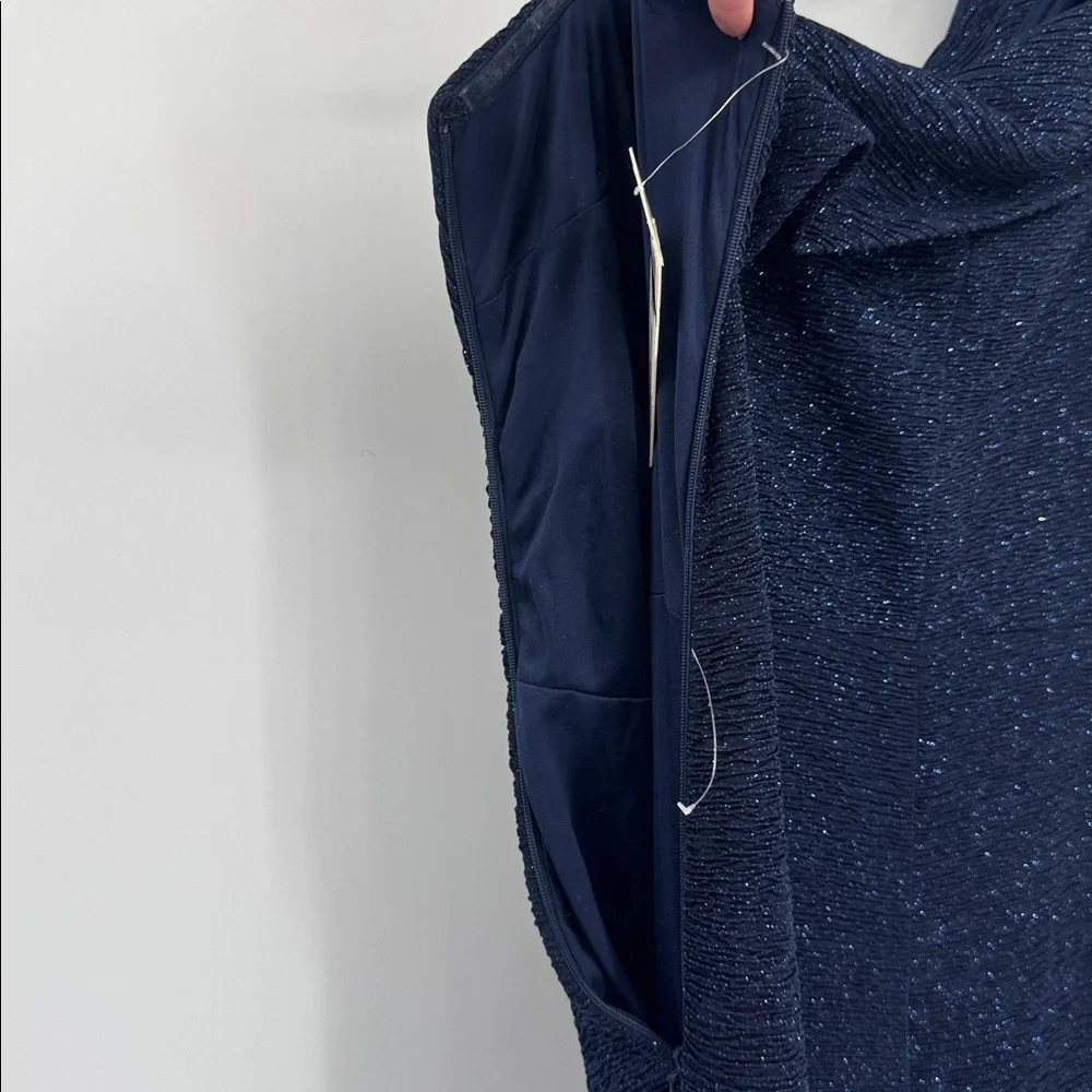 Eliza J Navy Blue Metallic Off The Shoulder Elegant Formal NWT Gown Size 16 - Picture 8 of 12